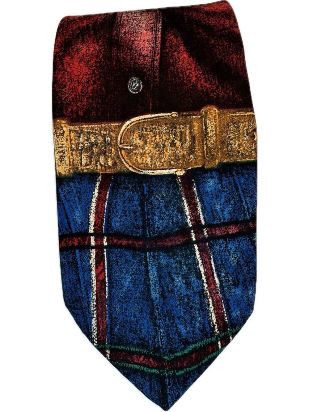 Bugle Boy Vintage Novelty Belt Buckle Print Tie Blue Red Windowpane Plaid L: 58”